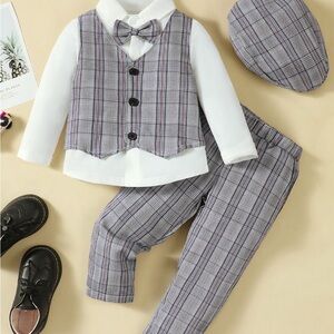 Hat, Long Sleeve Shirt, Plaid Vest and Pants 4-Piece Set